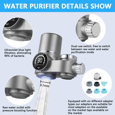 Фільтр для води HOTUT для крана, фільтр для водопровідної води з нержавіючої сталі, фільтр для питної води з синім світлом, фільтр для питної води для видалення хлору, важких металів і поганого смаку