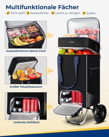 Складний візок для покупок Ytonet з термосумкою, великий водонепроникний візок на міцній основі (55 літрів / 68 кг), 3-в-1 візок-трансформер, сумка-візок та ручна сумка з великими колесами, чорний