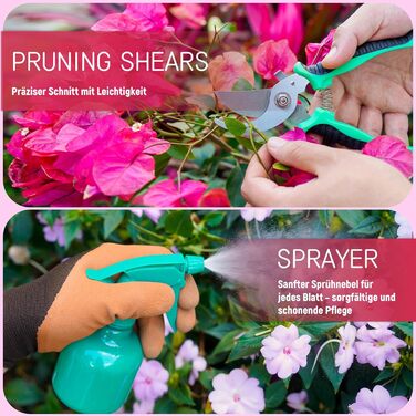 Набір садових інструментів Gartenwerk, 11 предметів, нержавіюча сталь секатор, рукавички, сумка для квітів, розпилювач, килимок для пересадки рослин інструменти для саду в рожевому кольорі