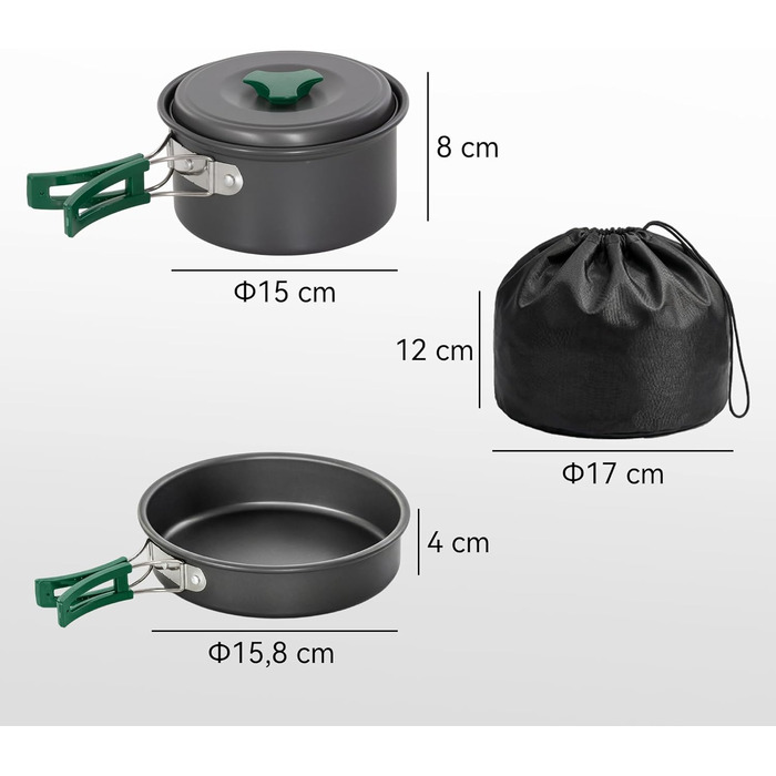 Набір посуду Outsunny для кемпінгу, 8 предметів портативний посуд для приготування їжі на відкритому повітрі з антипригарними ручками, швидко нагрівається. Каструля, сковорода та набір посуду на 2 особи для походів, пікніків та барбекю, сірий колір.