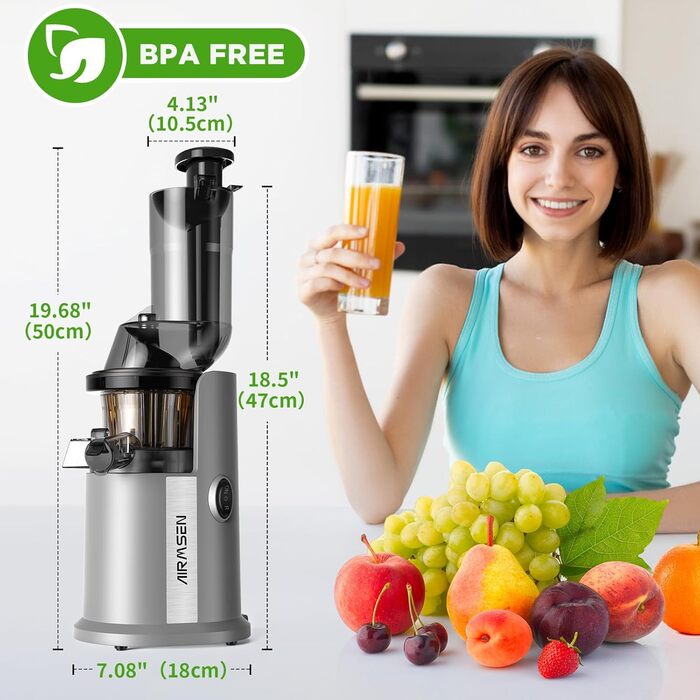 Повільна соковижималка AIRMSEN, соковижималка для овочів і фруктів з великим отвором для подачі 82 мм для соку з цілих фруктів, ма