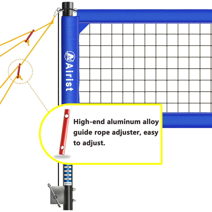 Волейбольна сітка Airist Heavy Duty для зовнішнього використання зі сталевою системою захисту від провисання, регульовані алюмінієві стійки