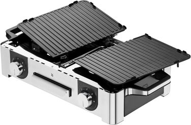 Гриль, електрогриль, 50x28 см, електрогриль Настільний гриль з лобовим склом і піддоном для крапель, сертифікований на відкритому повітрі для барбекю, 2 окремо регульовані поверхні гриля, 2400 Вт, нержавіюча сталь матова
