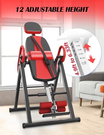 Регульований/складаний інверсійний стіл YOLEO з потрійним блокуванням безпеки, гравітаційний тренажер з ременем безпеки для терапії та полегшення болю в спині/шиї, червоний