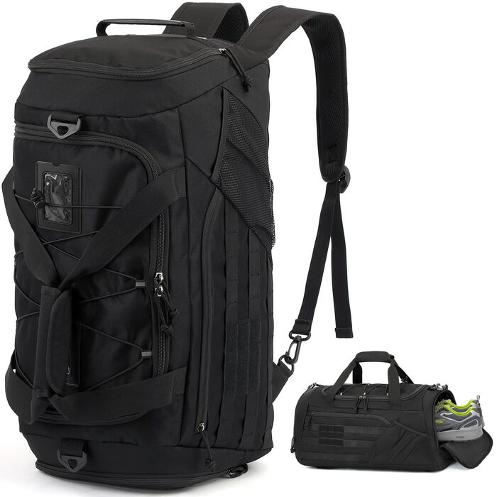 Тактична дорожня сумка-рюкзак 45 л для чоловіків та жінок, спортивна сумка 3-в-1 з відділенням для взуття, відділенням для вологи, багатофункціональна сумка для вихідних для спортзалу, подорожей, кемпінгу, походів, чорного кольору