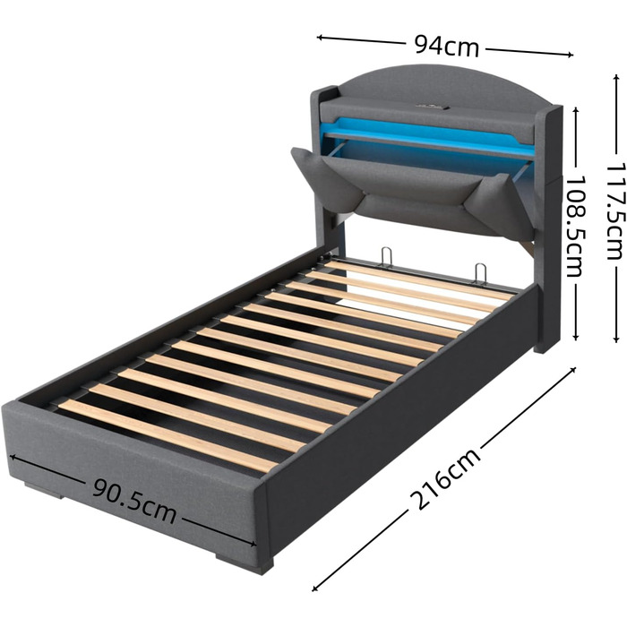 М&39яке односпальне ліжко 90x200 см зі світлодіодним освітленням, портом USB-C, гідравлічним ліжком, дитяче ліжко з місцем для зберігання та узголів&39ям, каркас ліжка з металевим каркасом, коробкою для зберігання та рейковою основою, лляне, сіре, без мат