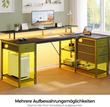 Письмовий стіл Rolanstar з 4 шухлядами та 3 полицями, комп&39ютерний стіл з розетками та світлодіодним освітленням, L-подібний ігровий стіл для спальні, вітальні, домашнього офісу, офісу (чорний, 140 см) Чорний 140 см