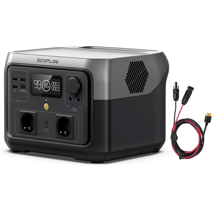 Портативна електростанція EF ECOFLOW RIVER 2 MAX з кабелем XT60, 3,5 м, 512 Втгод, сонячний генератор з LiFePO4, швидка зарядка за 1 годину, потужність до 1000 Вт, живлення на балкон для кемпінгу/аварійного живлення/будинків на колесах RIVER 2 MAX кабель 
