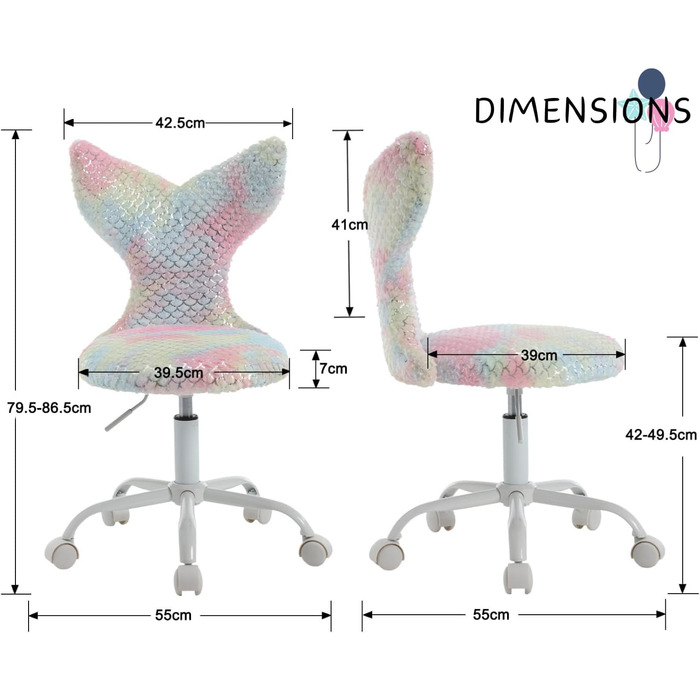 Дитяче крісло Chairus зі штучного хутра для дитячої кімнати, регульоване по висоті дитяче крісло без підлокітників, обертове крісло для дітей (кольорове)