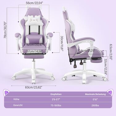 Ігрове крісло, Офісне крісло, Ігрове крісло, Ергономічне ігрове крісло з підставкою для ніг, поперековою опорою, підголівником та котячими вушками, М&39яке ігрове крісло, Обертове крісло для дівчаток, 135 кг, Фіолетовий