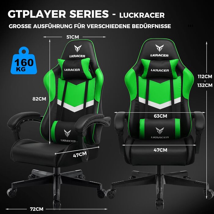 Ігрове крісло GTPLAYER, офісне крісло, масажне ігрове крісло, ергономічне ігрове крісло, підголівник, масажна подушка для попереку, м&39яке ігрове крісло, обертове крісло, 150 кг, зелене