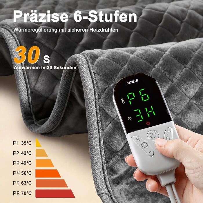 Грілка XXXL з автоматичним вимкненням (80 x 60 см), електрична грілка з 6 температурними режимами та 4 таймерами для спини, плечей, живота, ніг, швидкий нагрів, можна прати в пральній машині 6080 см
