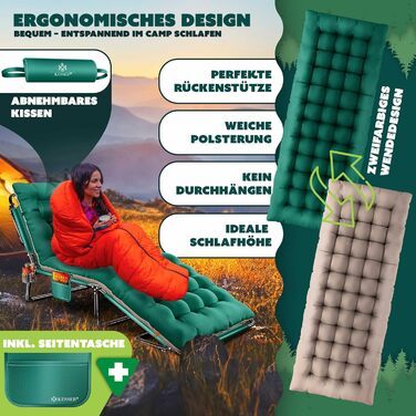 Складане кемпінгове ліжко KESSER, 190 x 68 x 30 см, вантажопідйомність до 250 кг, виготовлене з тканини Оксфорд та міцного сталевого каркасу сумка для перенесення, подушка для шиї, бічна кишеня та тримач для напоїв, ідеально підходить для кемпінгу, зелени