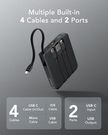 Із кабелем 10000 мАг. Маленький USB-C Power Bank. Швидка зарядка. 22,5 Вт. Міні-портативний зарядний пристрій. Зовнішній акумулятор. Маленький, але потужний акумулятор.