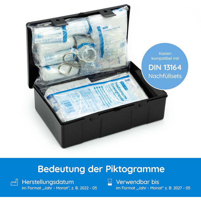 Автомобільна аптечка 2024 ДІЙСНА В ЄВРОПІ згідно StVZO чинний DIN 131642022 СЕРТИФІКОВАНИЙ в т.ч. 2 медичні маски для обличчя апте