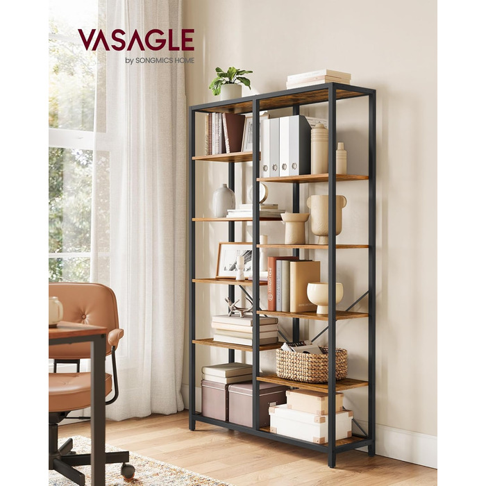 Ярусна книжкова полиця VASAGLE, окремостояча, для вітальні, ванної кімнати, кухні, коридору, легке складання, вінтажний коричнево-чорний колір LLS155B01 Рустикальний коричневий чорний, 5-