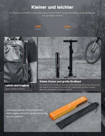 Велосипедний насос Tiakia з манометром, маленький велосипедний насос для всіх типів вентилів, алюмінієвий міні-насос, портативний насос для шин Schrader та Presta, шосейні та гірські велосипеди, 260 PSI/18 бар