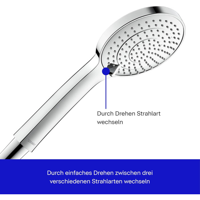 Душова лійка Duravit Universal, ручна душова насадка з 3 режимами струменя (Дощ, Інтенсивний дощ, Мякий дощ), кругла (діаметр 110 мм), легко очищується, хромована. Перемикання режимів поворотний механізм.