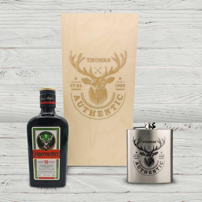 Подарунковий набір із гравіюванням для термосів - Термос з нержавіючої сталі 150 мл з гравіюванням - Включає пляшку Jgermeister 350 мл та гравіровану дерев&39яну коробку - Подарунок на День батька для тата - Колір Олень
