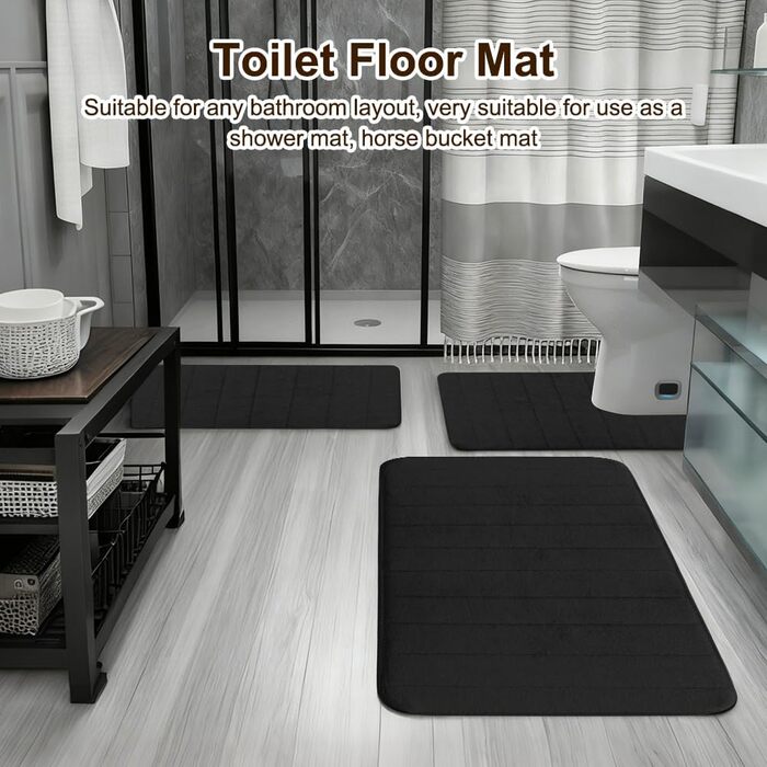 Комплект килимків для ванної кімнати з 3 предметів з піни з ефектом пам&39яті нековзні, миючі килимки для ванни, душу та туалету розкішний комфорт та сучасний дизайн (чорний)