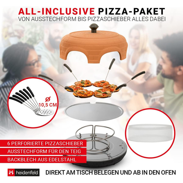 Шеф-кухар піци в печі Хайденфельд Місце для 6 осіб - Електрична піч для піци - 1100 Вт - Раклетна піч з глиняною витяжкою - Виробник піци з ложками для піци - Сталева пластина з ручкою (теракота)