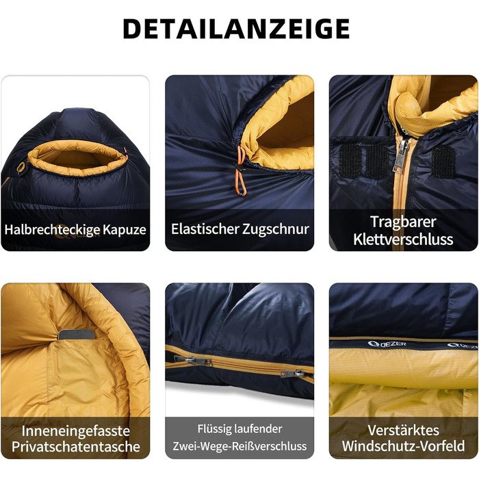 Пуховий спальний мішок, зимовий спальний мішок з антистатичною графеновою підкладкою, наповнювач 620, 1450 грамів, від -24C до 0C, підходить для кемпінгу, походів та трекінгу. Темно-синій -8C