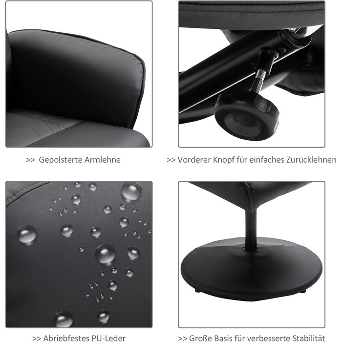 Крісло-реклайнер HOMCOM з підніжкою, обертове крісло для телевізора з 10 масажними точками, функція відкидання, масажне крісло з пультом дистанційного керування, бічна кишеня, крісло для телевізора, штучна шкіра, чорний колір