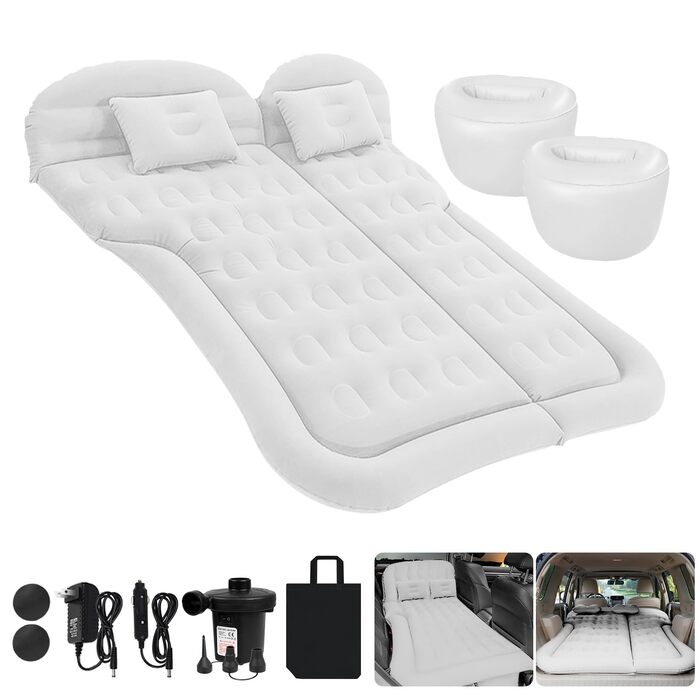 Надувний матрац для автомобіля позашляховика - потовщений та покращений кемпінговий матрац для заднього сидіння/багажника з електричним насосом, побутовий адаптер, 2 подушки 2 підставки для ніг, білий