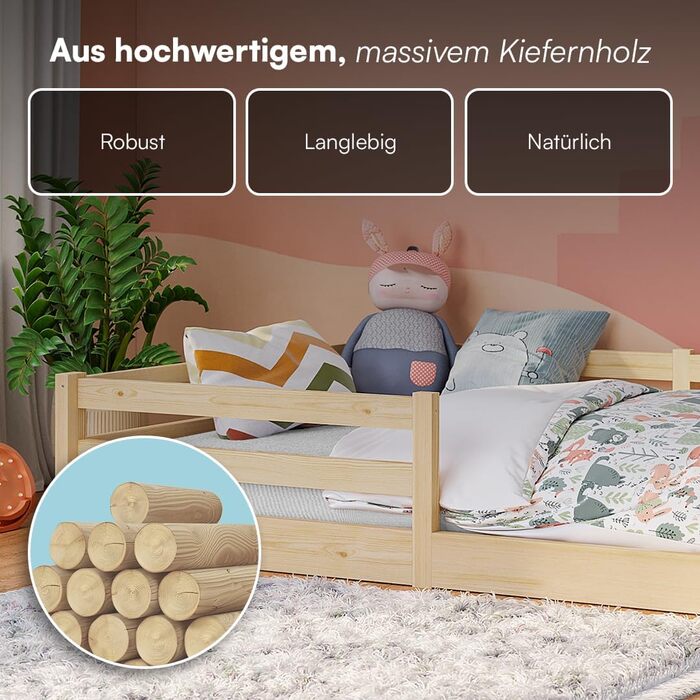 Ліжко Bellabino Iskri на підлозі 140x200 см Дитяче ліжко Монтессорі із захистом від падіння та рейковою основою Дерев&39яне ліжко для хлопчиків та дівчаток з масиву сосни натурального кольору Дитяче ліжко натурального кольору 140x200 см без матраца