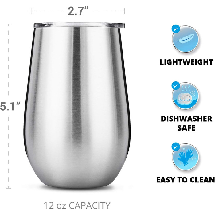 Келихи для вина з нержавіючої сталі Tru Blu Steel, з подвійними стінками, ізольовані, з кришкою - набір 2, металевий келих для вин