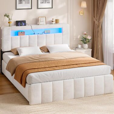 М&39яке ліжко 140x200 з місцем для зберігання, гідравлічне ліжко зі світлодіодним освітленням та зарядною станцією, дитяче ліжко, двоспальне ліжко, каркас ліжка з оксамитовим узголів&39ям - матрац не входить до комплекту (бежевий оксамит, 140x200 см) Беже
