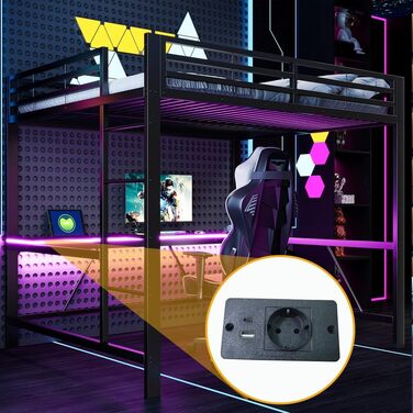 Каркас ігрового ліжка-горища з письмовим столом та світлодіодним підсвічуванням, USB-станція для зарядки, металевий каркас 160x200 см, чорний