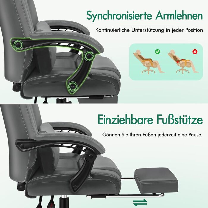 Офісний стілець ALFORDSON, Комп&39ютерний стілець, Робочий стілець зі штучної шкіри, вантажопідйомність 150 кг, спинка 90-135, регульований по висоті ергономічний комп&39ютерний стілець, Grey Boss - Grey