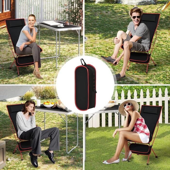 Складаний кемпінговий стілець eSituro, легкий складний стілець, рибальський стілець з сумкою для перенесення, складний стілець з високою спинкою, відкритий пляжний кемпінговий стілець, для риболовлі, пікніків, походів, 1 чорний червоний
