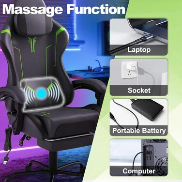Ігрове крісло з масажем, сіре, ігрове крісло з підставкою для ніг, підголівником та масажною поперековою подушкою, ергономічне офісне крісло, регульована висота для геймерів, ігрова кімната, офіс