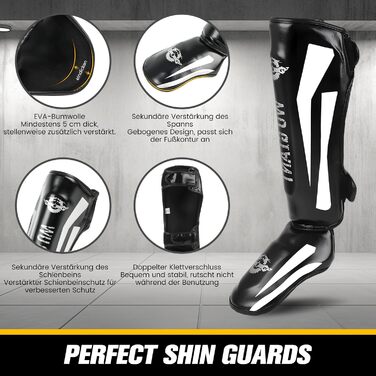 Накладки на гомілки для кікбоксингу, регульовані надзвичайно товсті накладки на ноги із захистом підйому стопи, професійні накладки на гомілки та підйом стопи для муай-тай, ММА, боксу, кікбоксингу, чорні, розмір L 160-185 см (розмір за вагою)