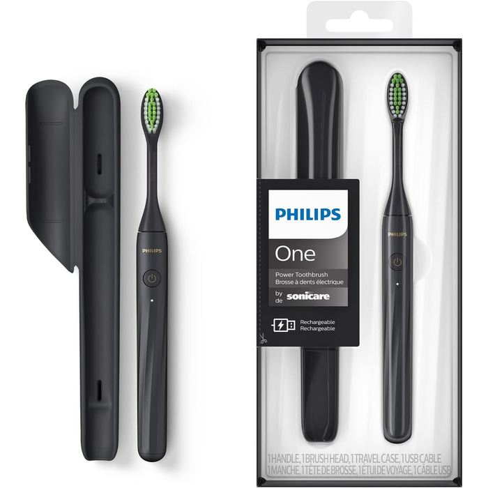 Електрична зубна щітка Philips One із USB-зарядкою, матово-чорна (модель HY1200/26)