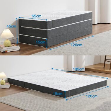 Розкладний матрац, розкладний гостьовий матрац 120 x 195 x 15 см, можна прати та складати, 4-секційний розкладний матрац зі знімним чохлом для подорожей, кемпінгу, гостьове ліжко, сірий, 120x195 15,0 сантиметрів