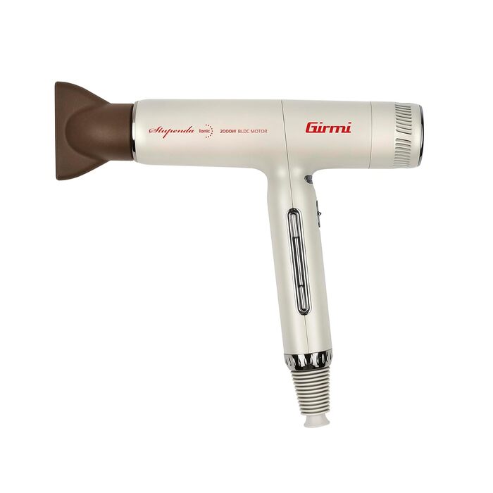 Безщітковий фен Girmi PH93, 2000 Вт, 3 швидкості, 5 температур, іонізація, компактний дизайн (50 ваги), з дифузором, бежево-коричневий