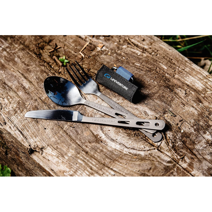Набір титанових столових приборів для кемпінгу Lifeventure надлегкі столові прибори для кемпінгу для однієї особи набір ножів, виделок та ложок з карабіном та липучкою для кемпінгу або подорожей