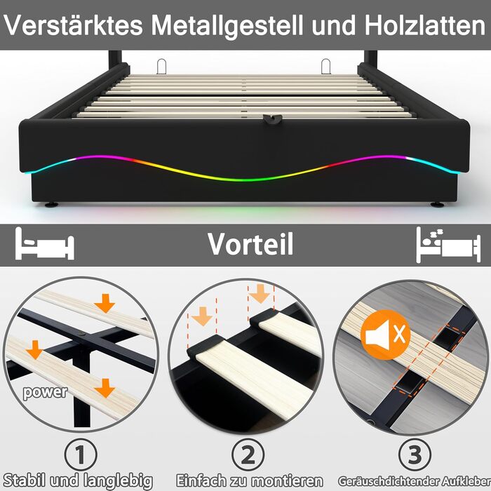 Ліжко-міні-гарнітур 140x200 см із зарядною станцією USB/Type-C, різнокольоровим світлодіодним підсвічуванням, полицею біля узголів&39я та великим місцем для зберігання під ліжком, шкіряне, чорне. Ліжко 140 x 200 см Ebd854-bk