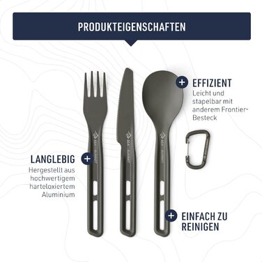 Набір столових приборів Frontier Ultralight - 1 особа, 3 предмети - Кемпінгова виделка, ложка та ніж карабін - Легкий - Кемпінговий посуд з твердого анодованого алюмінію - Гладке та матове покриття - 26 г виделка, ложка та ніж