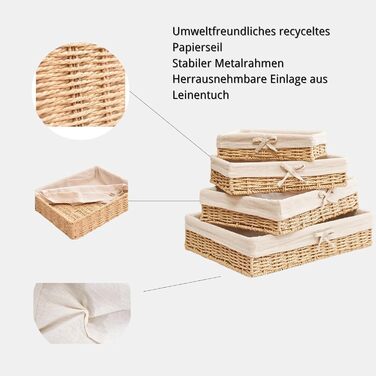 Набір із 4 хлібних кошиків, плетений декоративний кошик, плетений хлібний кошик ручної роботи з паперової мотузки, піднос для полиць, хлібниця з лляною тканиною, кошики для зберігання 4 розмірів, коричневий