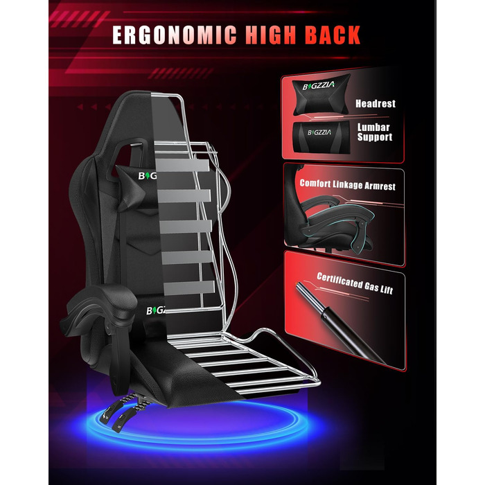 Ігрове крісло зі світлодіодним підсвічуванням та яскравою світловою стрічкою, ігрове крісло для ПК з підкладкою та підголівником, регульована висота та кут нахилу талії, ігрове крісло для дорослих, дівчаток та хлопчиків (чорне) Чорний колір зі світлодіодн