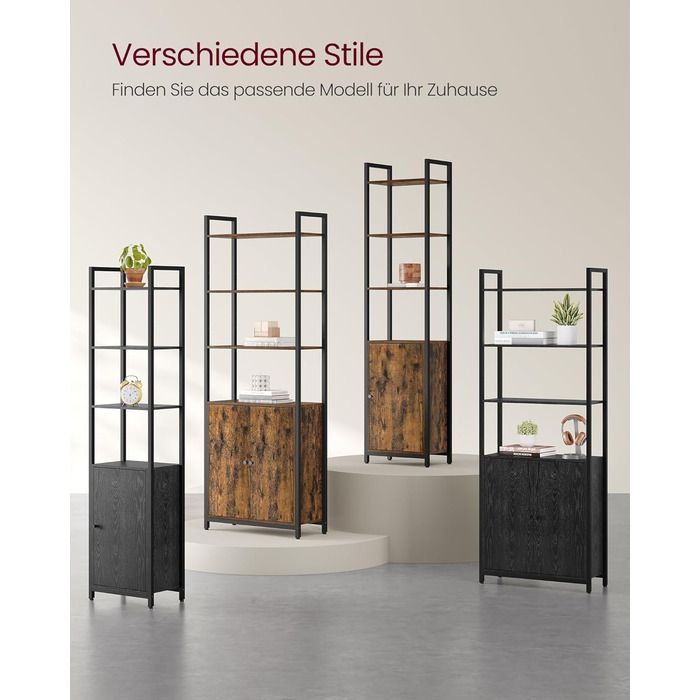 Книжкова полиця VASAGLE, 6 ярусів, полиця, окремостояча полиця з дверцятами, металевий каркас, регульовані полиці, 24 x 40 x 159,5 см, для вітальні, спальні, вінтажний коричневий-чорний LLS132K01 40B см Вінтажний коричневий чорнильний