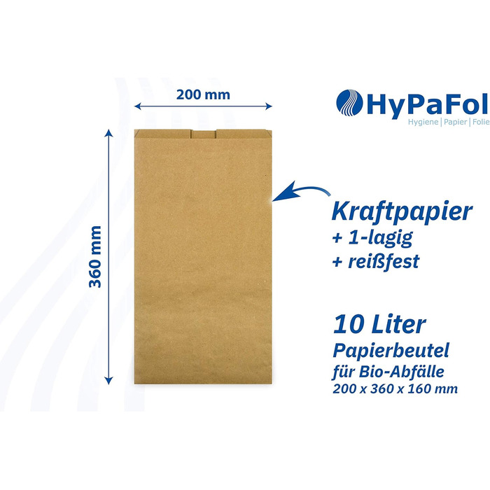 Паперові сміттєві пакети Hypafol Bio, 300 шт. Біорозкладні коричневі пакети для органічних відходів для компостування, органічних відходів та інших відходів Без пластику 1-шарові, місткість 10 л 200x160x360 мм