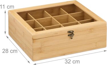 Чайна коробка Relaxdays, 12 відділень, для зберігання чайних пакетиків, бамбук, чайна скринька з оглядовим віконцем, ВxШxГ 11 x 32 x 28 см, натуральний колір