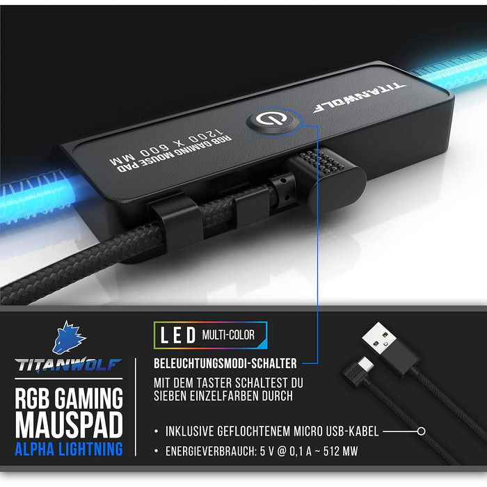 Килимок для ігрової миші XXXL RGB - 1200 x 600 мм - килимок для миші - LED Multi Color - 7 кольорів світлодіодів плюс 4 режими ефе