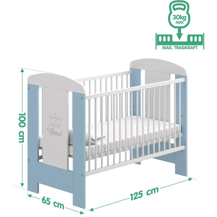 Дитяче ліжко LCP Kids 60x120 см біло-блакитне з матрацом, що регулюється по висоті в трьох напрямках, і 3 перекладинами 125L x 65W