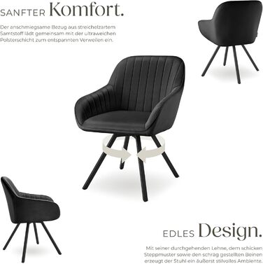 Обідні стільці tectake з підлокітниками, ергономічне крісло-обшивка з оббивкою з стьобаного оксамиту, обертові стільці для вітальні, обіднього столу, кабінету, туалетного столика, кухонних стільців - комплект з 4 шт. , чорний